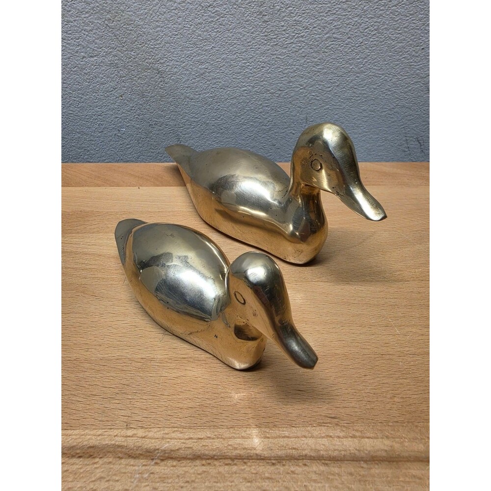 Vintage Solid Brass Duck Statue Pair Large (9 in) & Small (6 in) Set Decor MCM